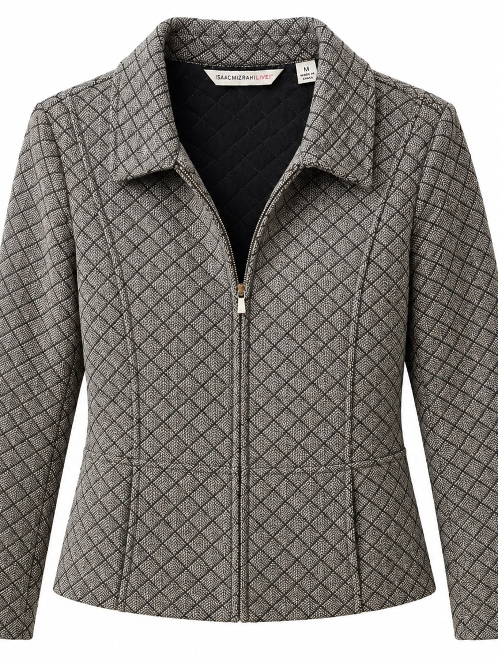 Isaac Mizrahi Quilted Diamond-Pattern Zip Jacket in Gray and Black